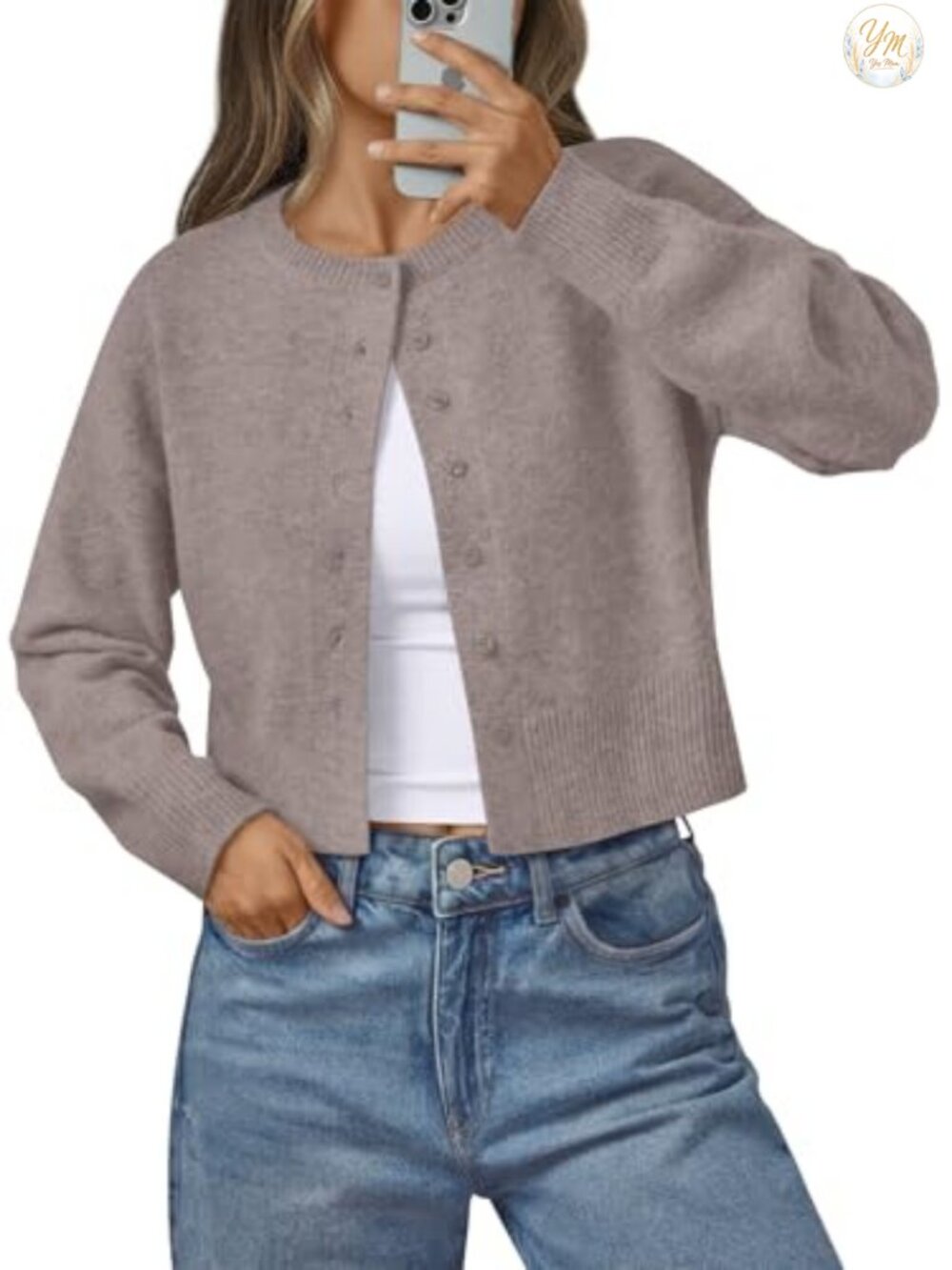 Lightweight Cropped Knit Cardigan Button Front Drop Shoulder Women's